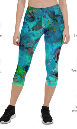 Art Capri Leggings. Artwork: Happiness in turquoise.